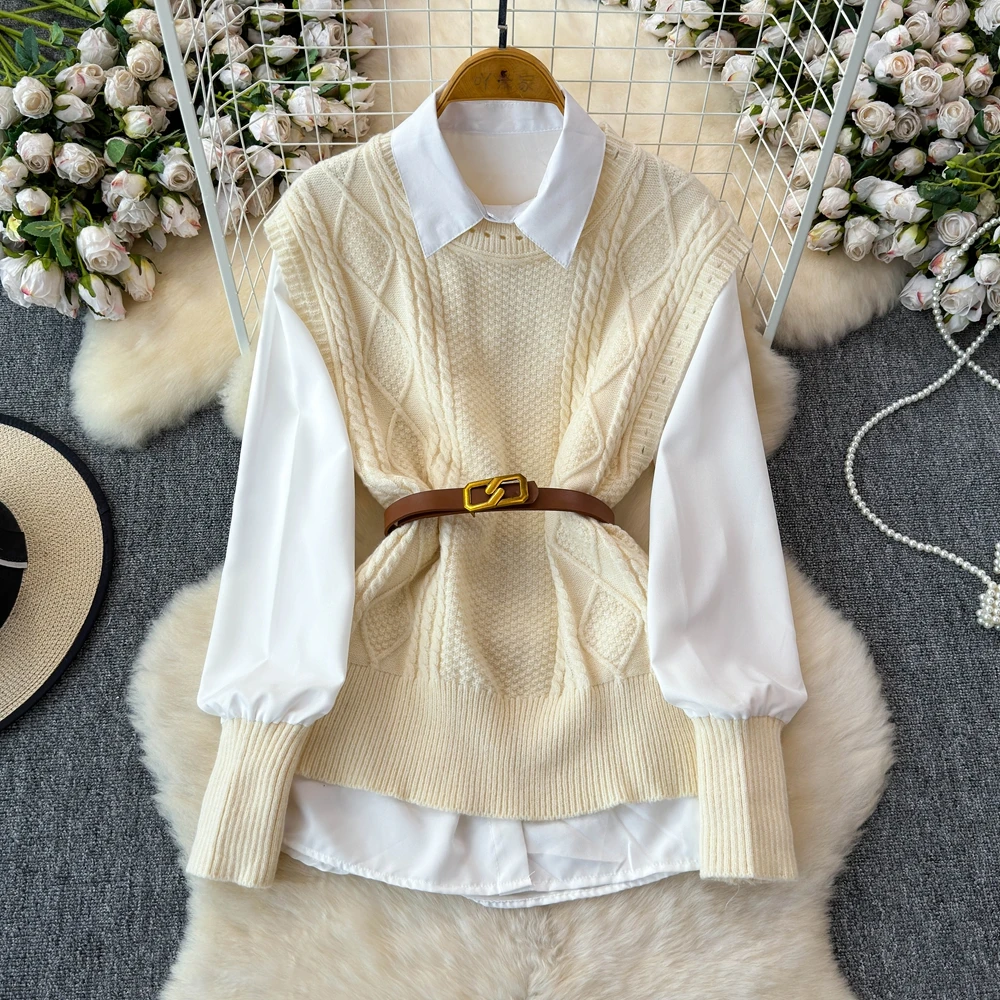 Women Autumn Winter Clothing Suits Sleeveless Knitted Belt Vest+Long Sleeve Patchwork Shirt Tops Outfits Sets