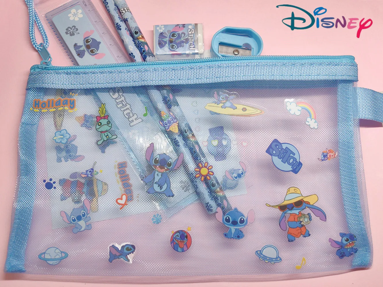 7pcs/Set Disney Stitch Children's DIY Stationery Bags Cartoon Stitch Anime sticker Pencil Box Stationery  Kids Toys Gifts