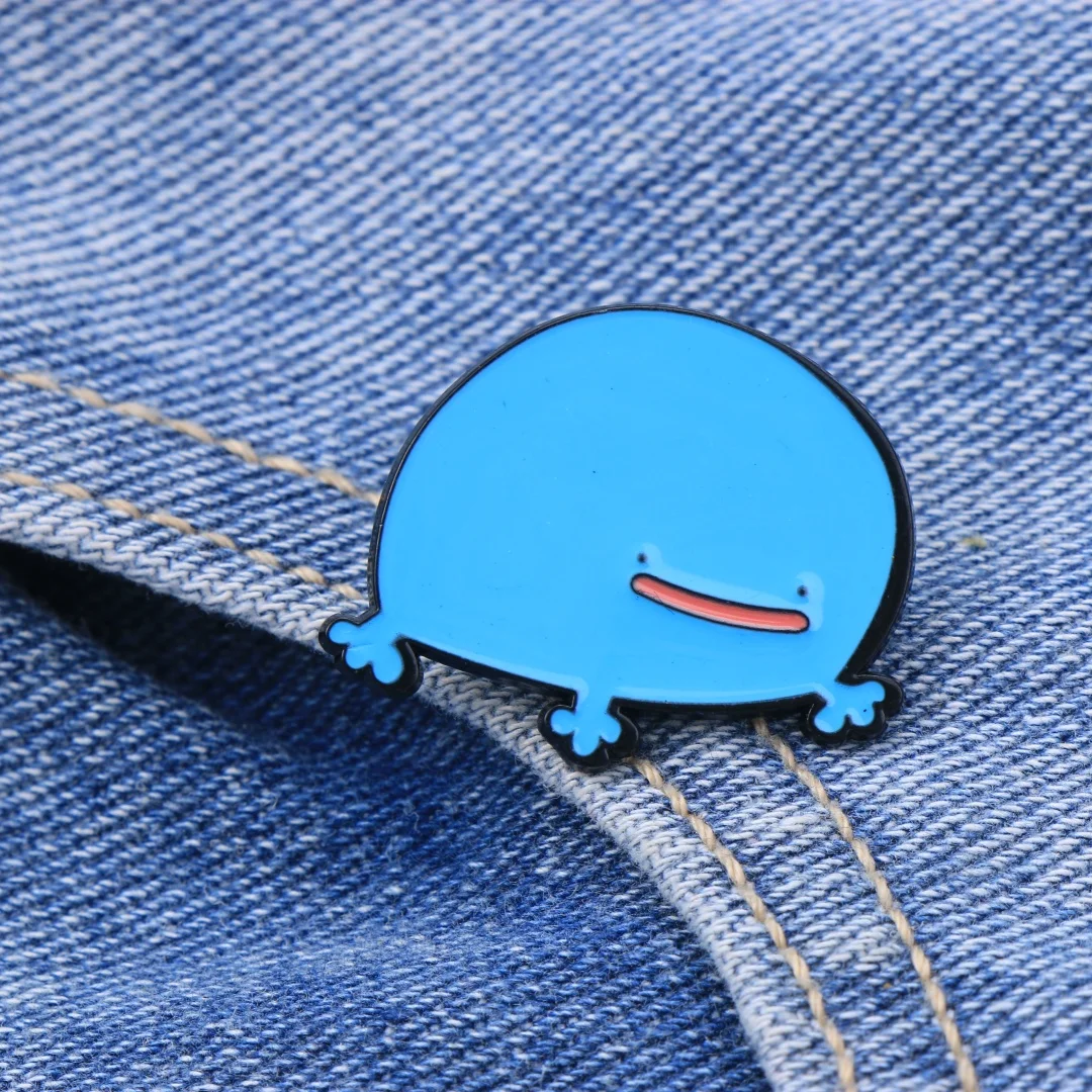 Cartoon Punk Blue Round Blob Character Enamel Lapel Pin Metal Brooch Badge, Funny Simple Smiling Creature Graphic Ornament