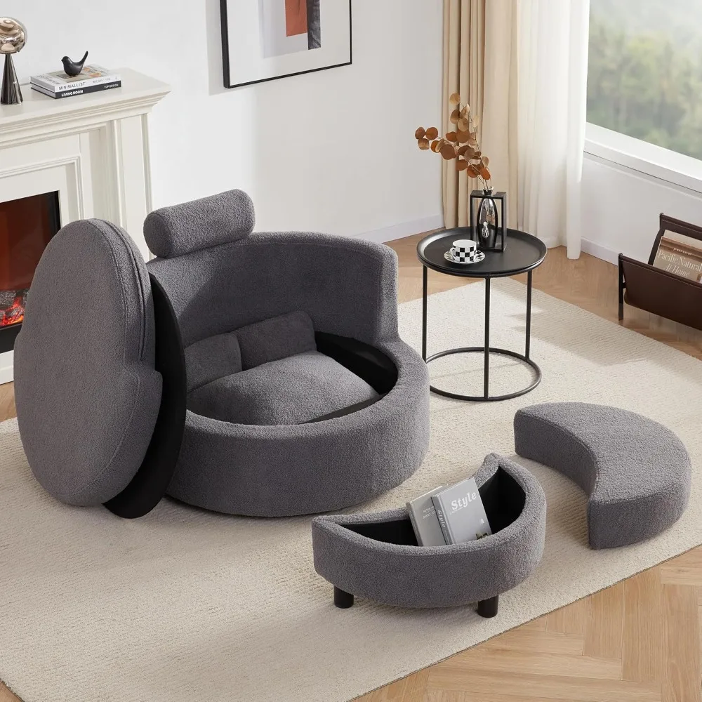 Swivel Chair with Half Moon Storage Ottoman,Swivel Barrel Chair with Base Storage, 360°Modern Swivel Accent Chair with 3 Pillows