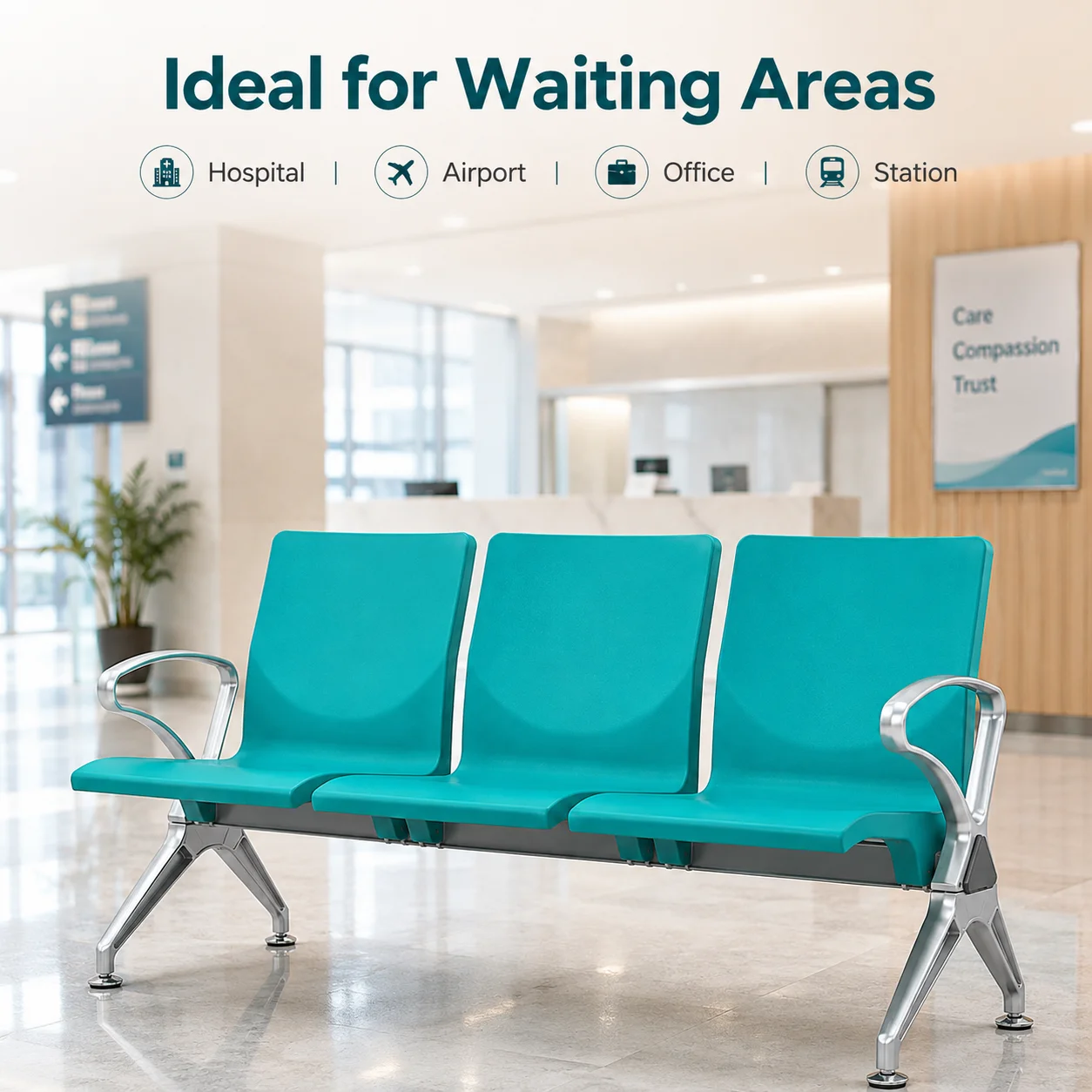 3-Seater PU Waiting Bench Chair Heavy Duty Airport Hospital Lobby Public Seating with Aluminum Armrests Metal Frame