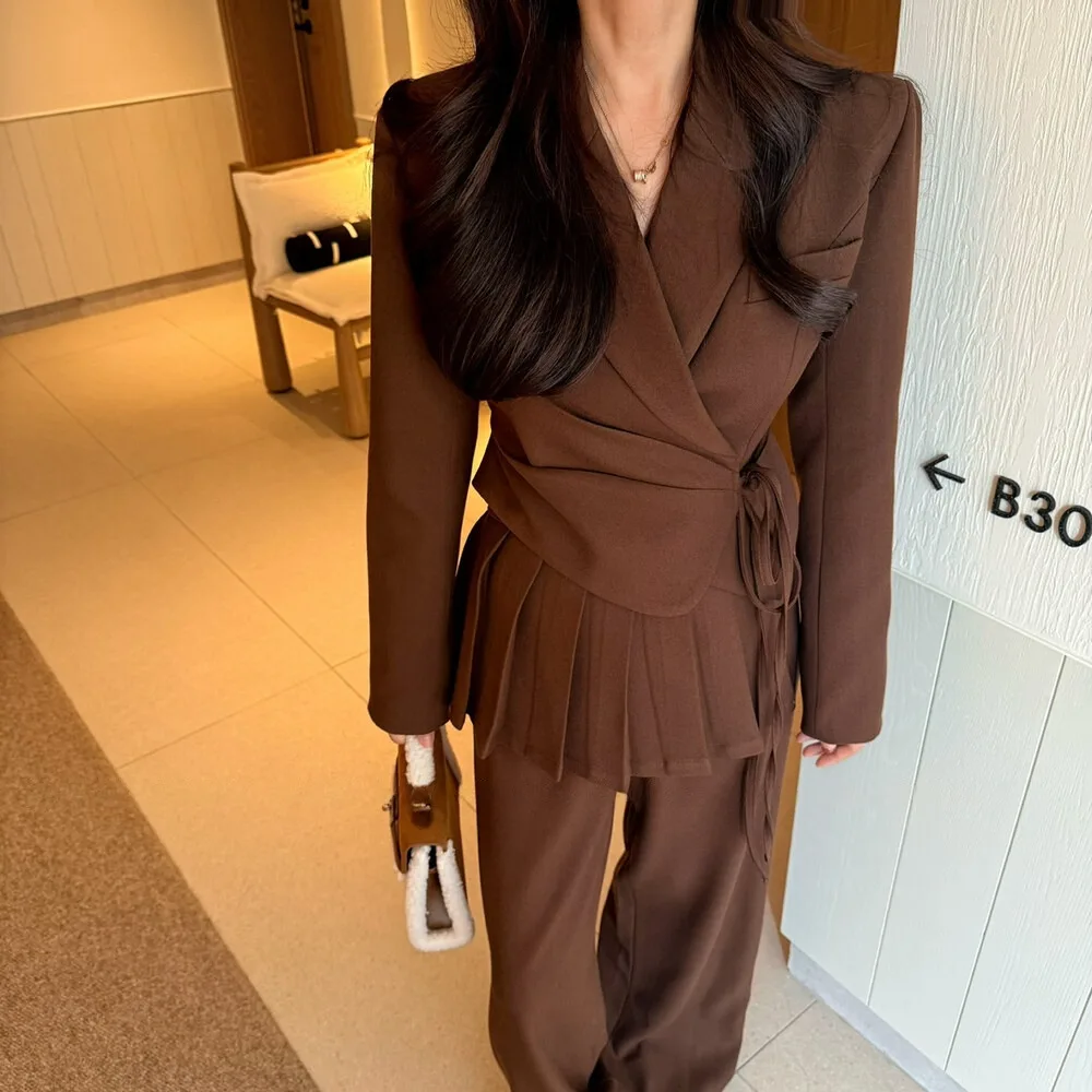 BJTZ 2025 Trendy Wool Blend Pleated Blazer&Trousers Suit Set Autumn Winter Elegant Office Casual Thicken Women’s Suits Outerwear