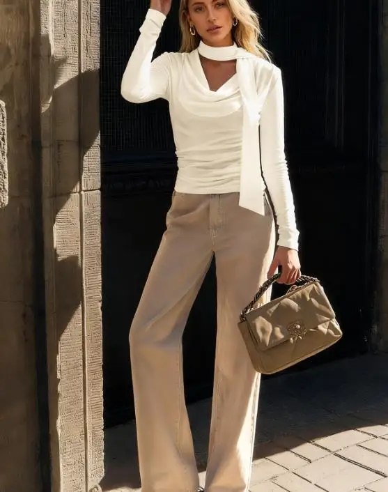 

2025 Sexy Autumn and Winter Pleated Top with A Sense of Elegance, Slim Fit, Long Sleeved Base, Swing Neck T-Shirt for Women