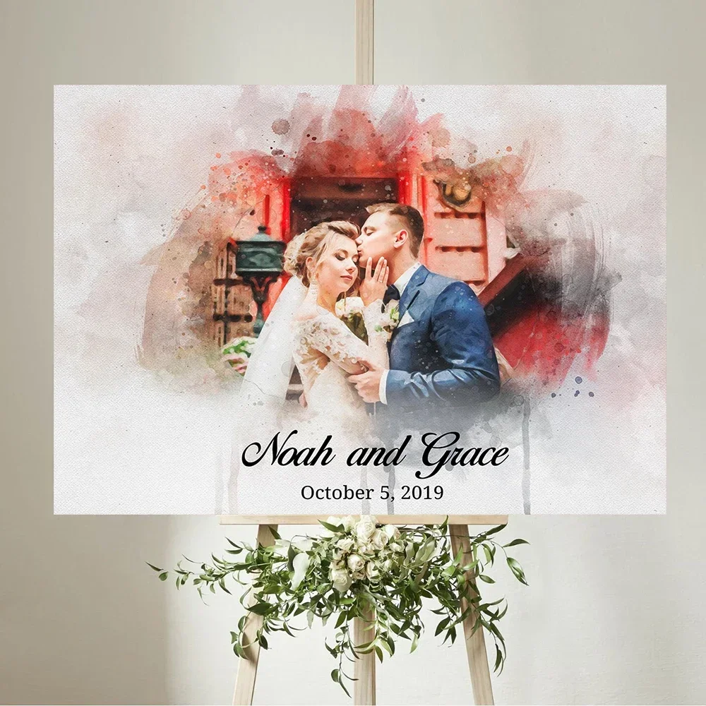 Couple Watercolor Portrait Poster Unique Wedding Welcome Sign Art Print Canvas Painting Wall Picture for Welcoming Guests Decor