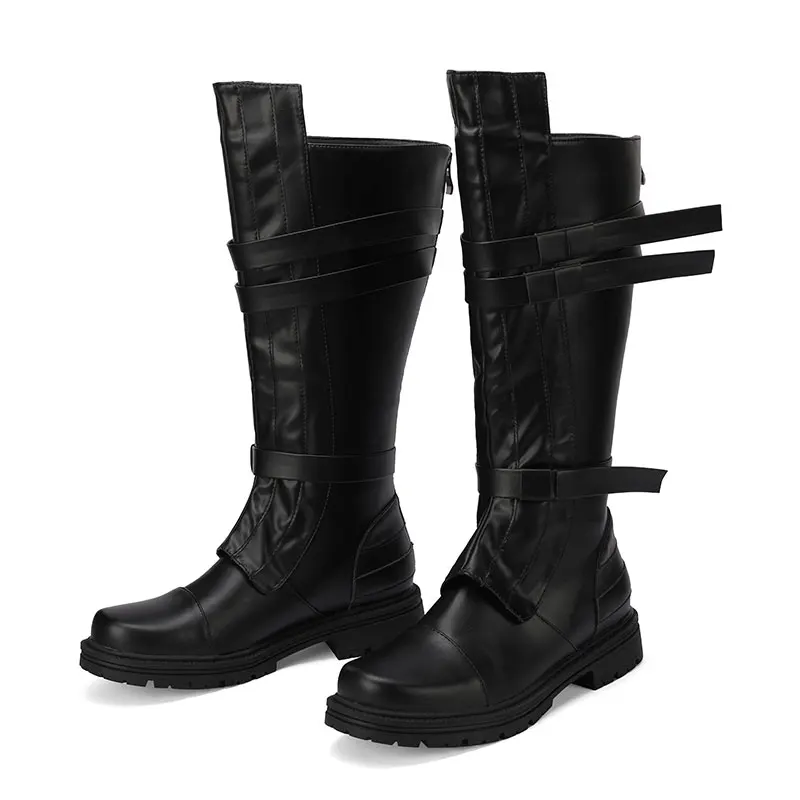 Women Renaissance Knight Boots Round Head Low Heel Knee Boots Leather Pirate Cosplay Boot Halloween Costume Shoes   Belt buckle image 3