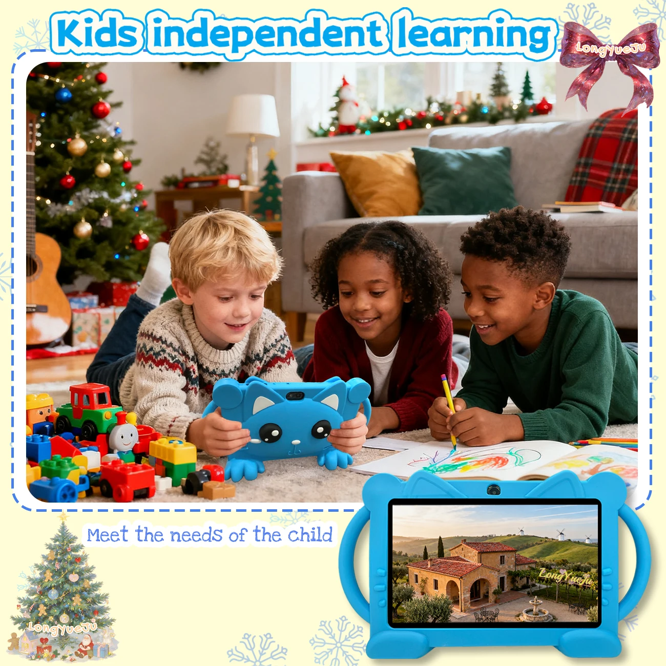 Tablet Android educacional de 7 polegadas, 2 GB + 32 GB, câmeras duplas, tela HD, software iWAWA, controle parental, capa de silicone, azul/rosa