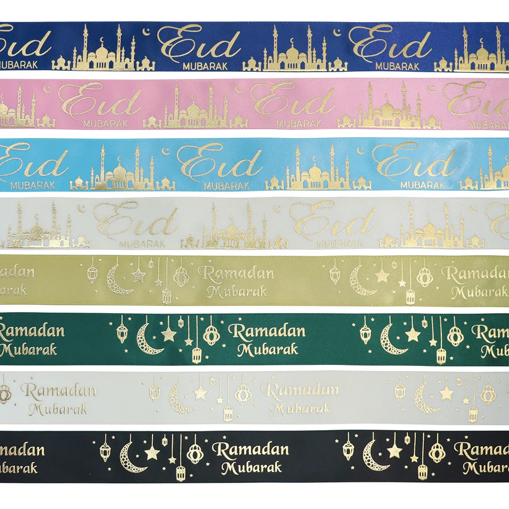 16mm 25mm Gold Foil Eid Mubarak Ramadan Mubarak Printed Satin Ribbon For Muslim Ramadan Festival Al-Fitr Party Decoration