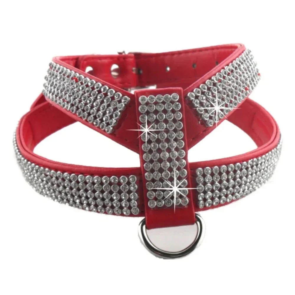 4 Sizes PU Leather Rhinestones Dog Harness Safety Comfortable Dress Up Pet Harness Collar for Small Medium Large Dog Supplies