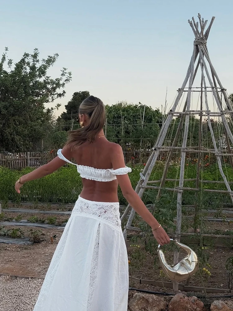Women Chic White Two Piece Set Ruffle Strap Tie Front Crop Top Floral Lace Waist Maxi Skirt Boho Summer Beach Party Holiday Wear view 6