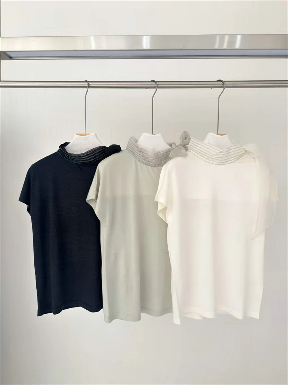 Women's Clothing Bow Tie Lace-Up Pullover Short-Sleeved Simple Elegant Knit Top
