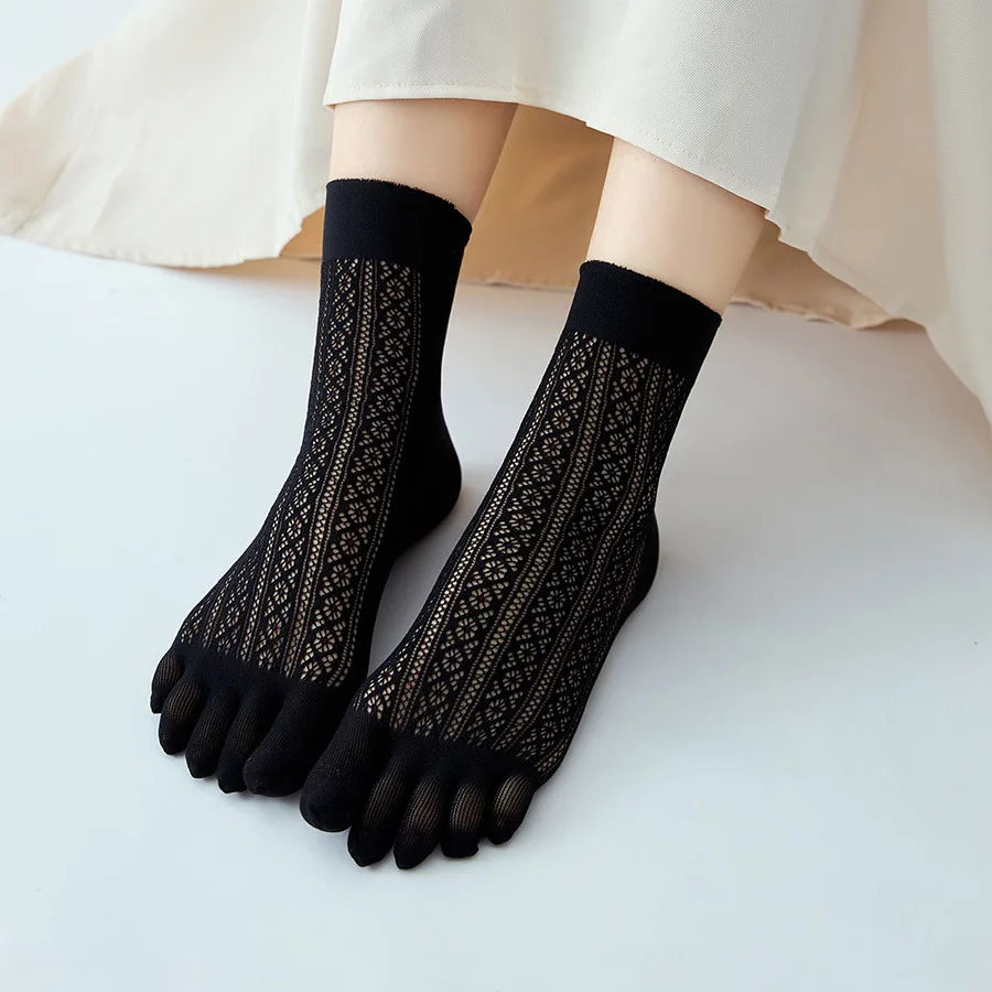 5 Pairs Summer Ultra-thin Silk Socks 5 Finger Solid Black White Women's Stockings Fashion Velvet Party Dress Casual Toe Socks