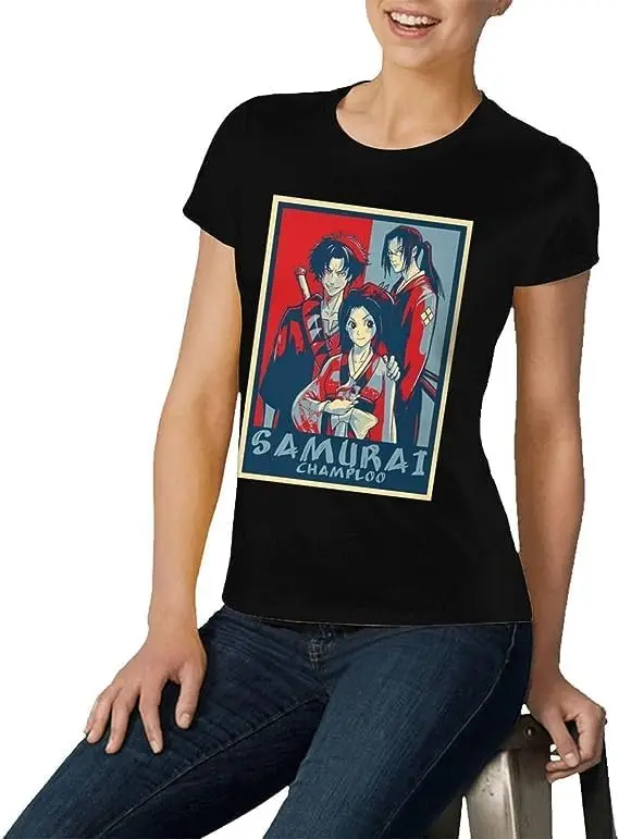 Samurai Anime Champloo Shirt Women's Fashion Short Sleeve Cotton T Shirts Quick Dry Pattern Custom Tee Tops Black
