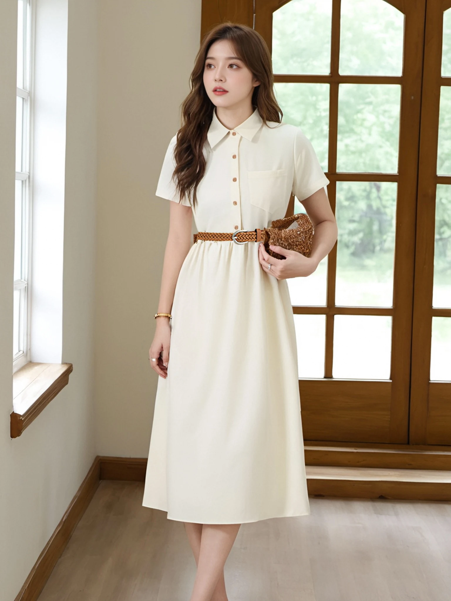 

Платье-рубашка миди А-силуэта с завышенной талией, в студенческом стиле, с эффектом утяжки талии, летняя новинка для женщин 18-39 лет