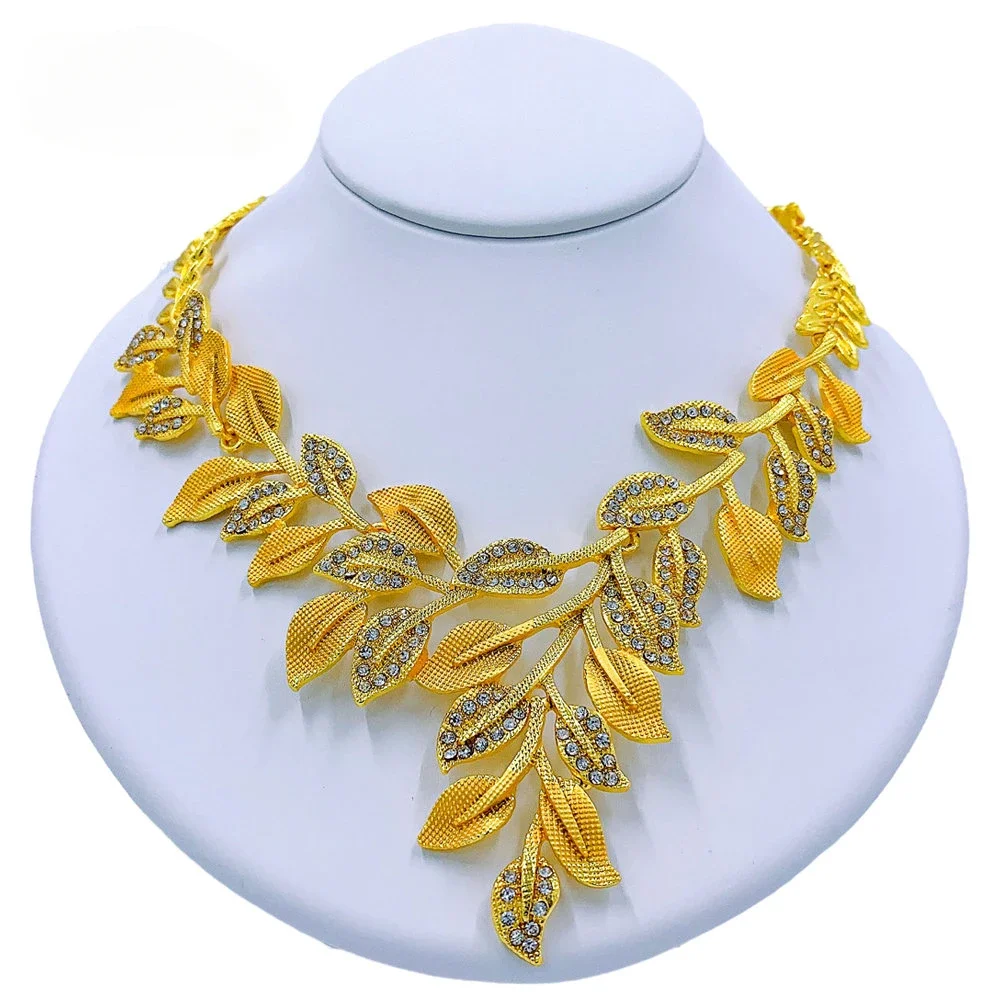 Luxury Dubai Jewelry Set For Women Charm Leaf Necklace Earrings Wedding Party African Set Gold Color Accessories