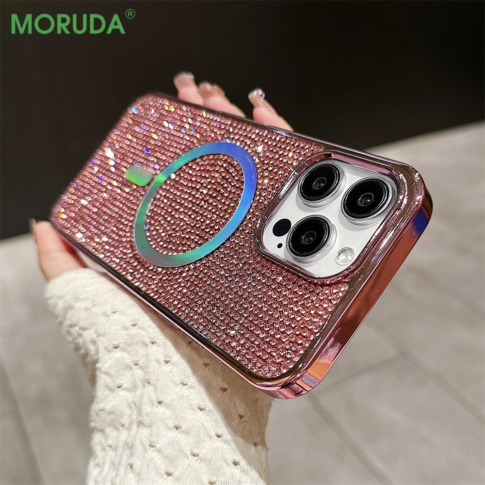 For 15 ProMax Magsafe Full Diamond Case for iPhone 15 14 13 12 11 Pro Max 15 Plus 14pro Glitter Magnetic Wireless Charging Cover