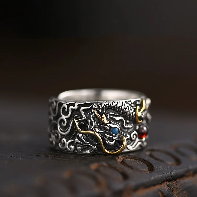 Chiba Thai Silver Lucky Dragon Playing Pearl Men's Retro China-Chic Dominant Personality Zodiac Dragon Opening Index Finger Ring
