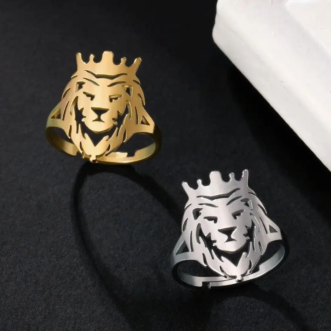 My Shape Anillos de corona del Rey León para hombres y mujeres, acero inoxidable, Punk, cabeza de Animal, anillos de dedo ajustables para niños, joyería de moda