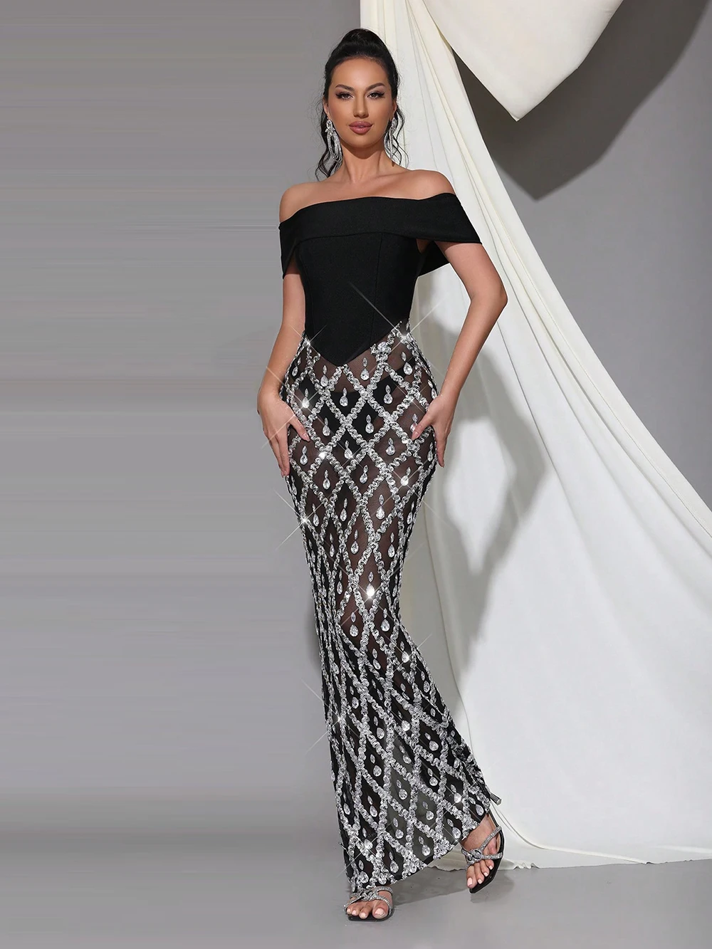 Modphy Sparkling Luxury Diamond Mesh Patchwork Long Dress Woman See Through Off Shoulder Sexy Fashion Bodycon Prom Party Gown