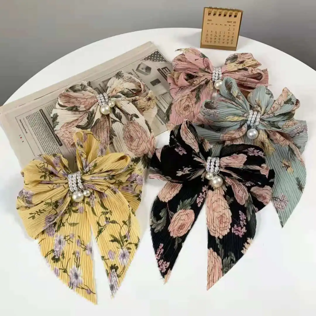 

Korean ins style women's leisure vacation special floral pleated bow pearl pendant spring hairpin