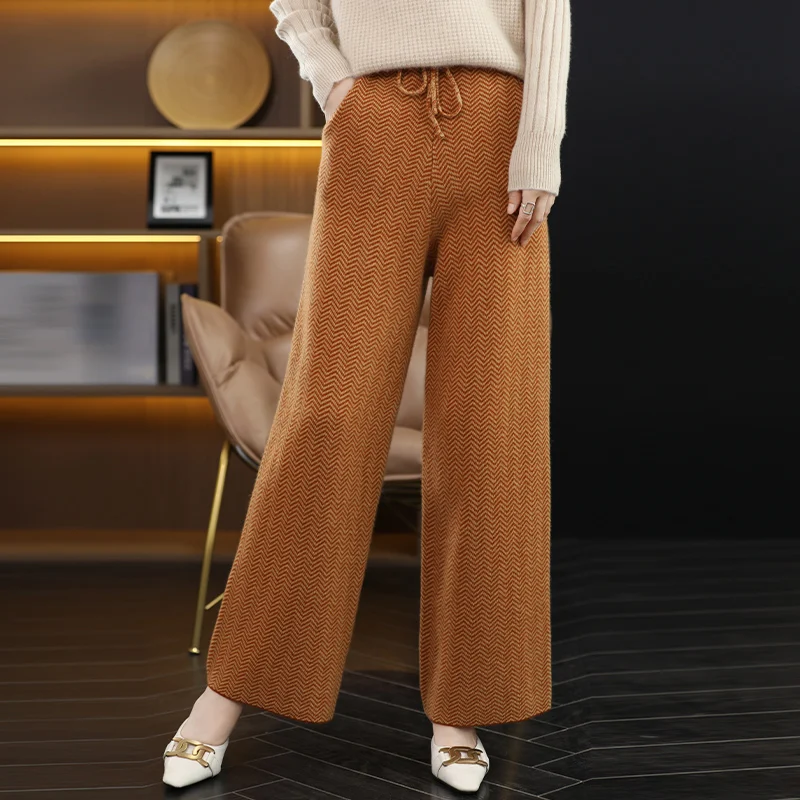 Women's High-Grade Long Cashmere Wide Leg Pants, 100% Pure wool, Comfortable, Casual, Knitted, New, 4 Colors Autumn and Winter