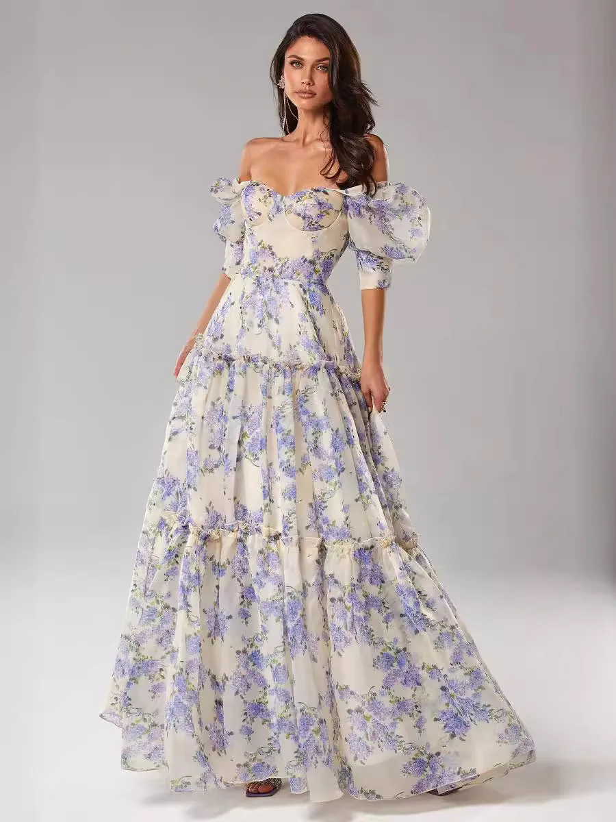 Elegante floral impressão vestidos de festa à noite feminino encantador a linha fora do ombro barco pescoço solto manga curta vestidos de baile robe vestido