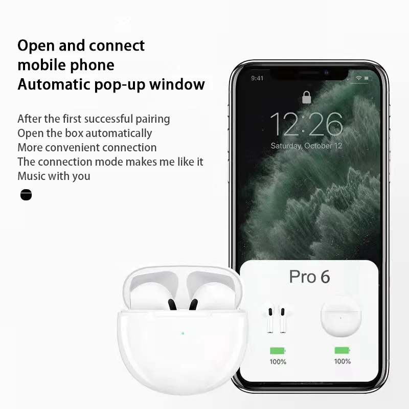 Bluetooth Earbuds Air Pro6 Wireless Earbuds Waterproof Bluetooth Headphones Bass Sound Earphones with Mics Touch Control in-Ear