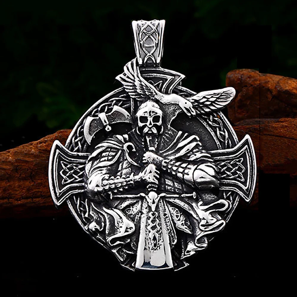 

Vintage Vikings Warrior Pendant Necklace For Men Stainless Steel Odin Cross Crow Necklace Norse Amulet Party Jewelry Accessories