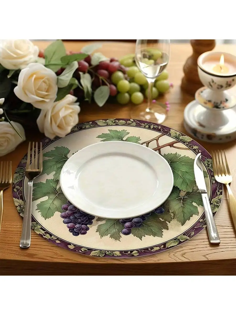 Table Decoration Mat C4 Retro Grape Design Round Table Decoration Mat, 15inch , Linen Fabric, Non-Woven Fabric, Hand Wash Only