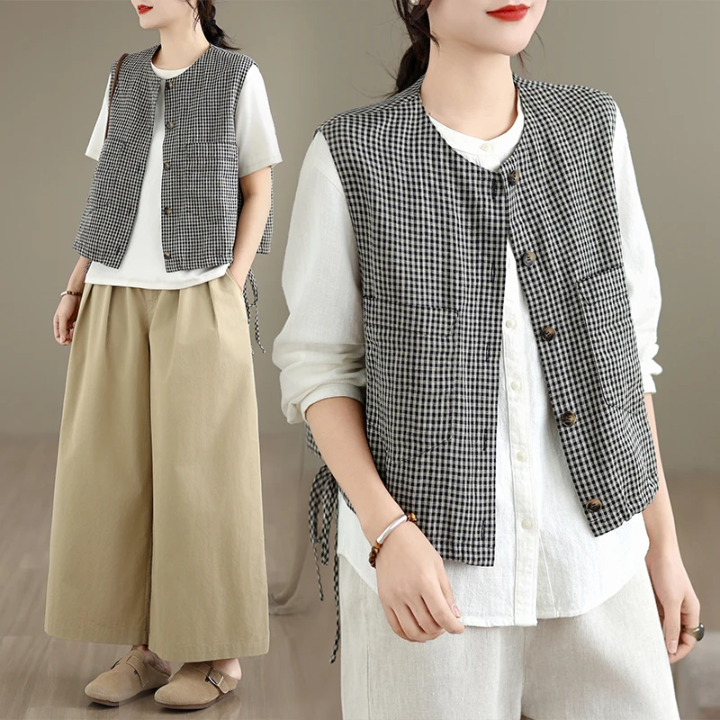 Chaleco holgado de talla grande sin mangas con diseño de rejilla para mujer, Top adelgazante a la moda para primavera y veran...