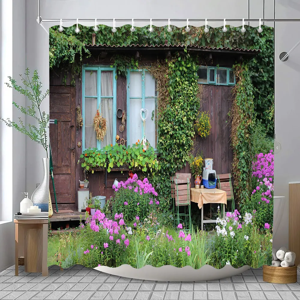 Full of Flowers European Window Wall Shower Curtain Natural Scenery Outdoor Garden Poster Polyester Bath Curtains Bathroom Decor