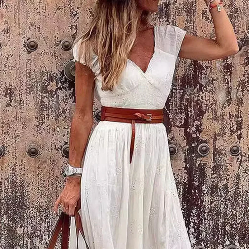فستان نسائي طويل غير رسمي بلون سادة فستان صيفي مفرغ من الدانتيل ماكسي فيستدوس أنيق صيفي للحفلات المسائية فساتين فيستدوس