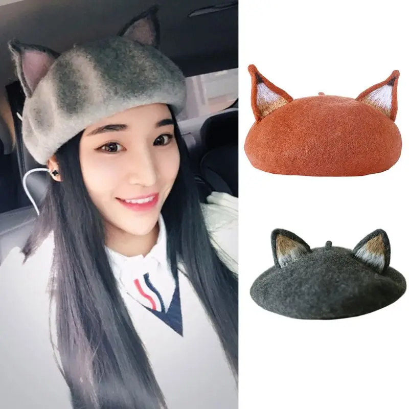 Y1UB for Cat Ears Winter Warm Felt Painter Mushroom Hat for Wom