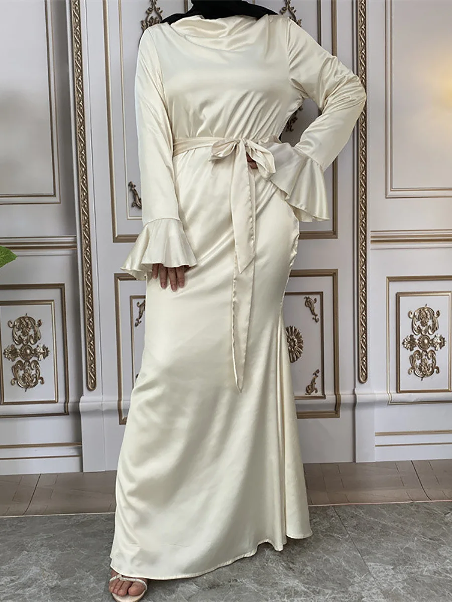 

Elegant Muslim Shiny Satin Abaya Wimen Flare Sleeve Long Maxi Dress Eid Party Turkey Dubai Kaftan Islam Arab Robe Jalabiya Gown