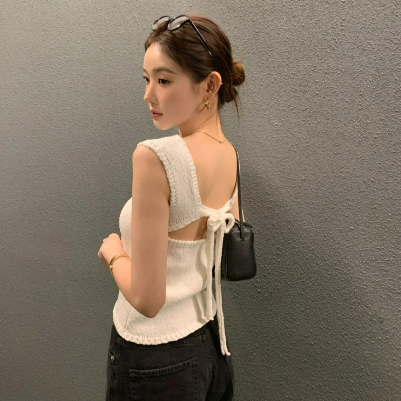 

2026 Summer New Fashion Korean-style Sexy Spice Girl Style Backless Strap Design Sense Elegant Knitted Sweater T-shirt for Women