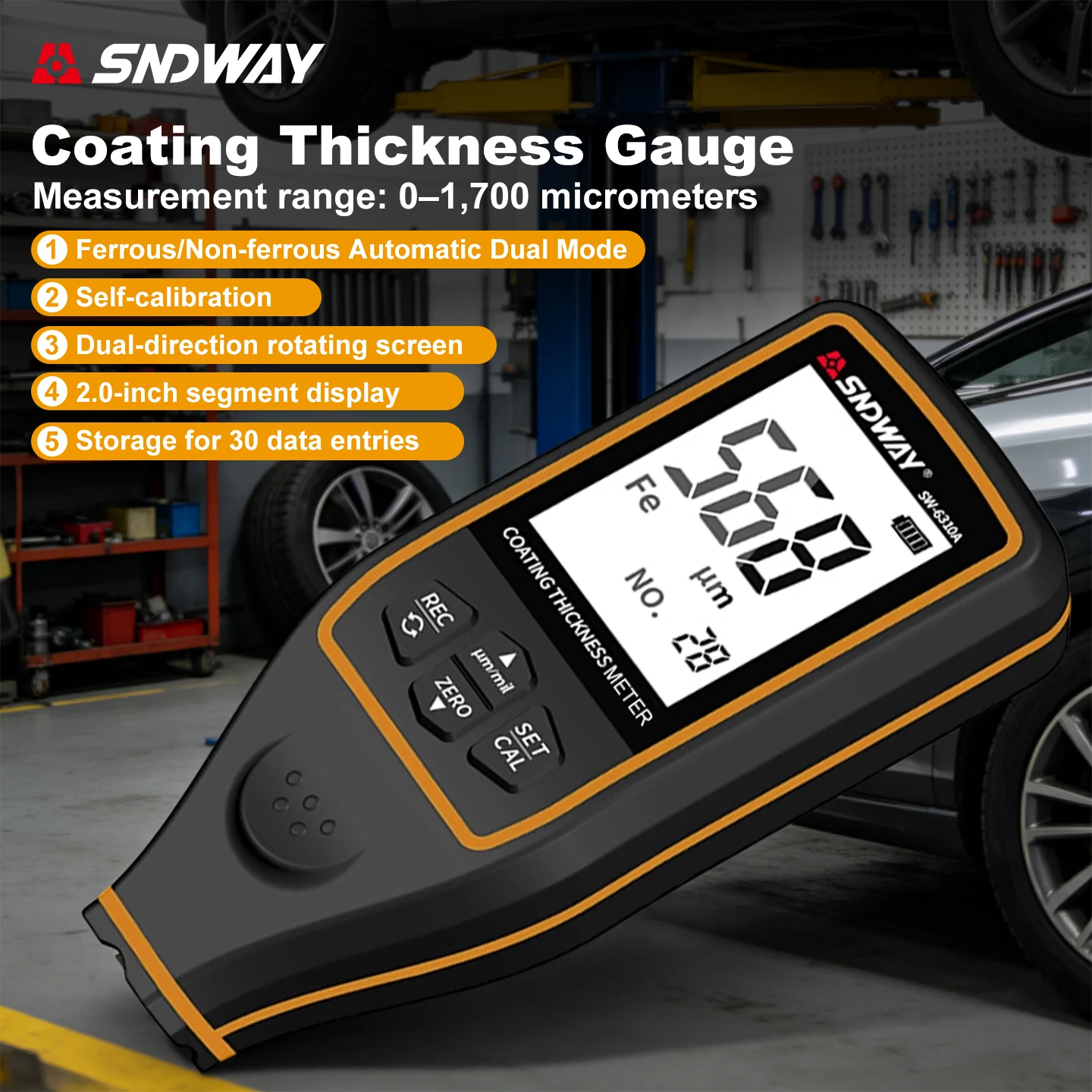 

SNDWAY Automotive Coating Thickness Gauge 0.1μm High Precision 0-1700 FE NFE Car Paint Film Thickness Tester Meter