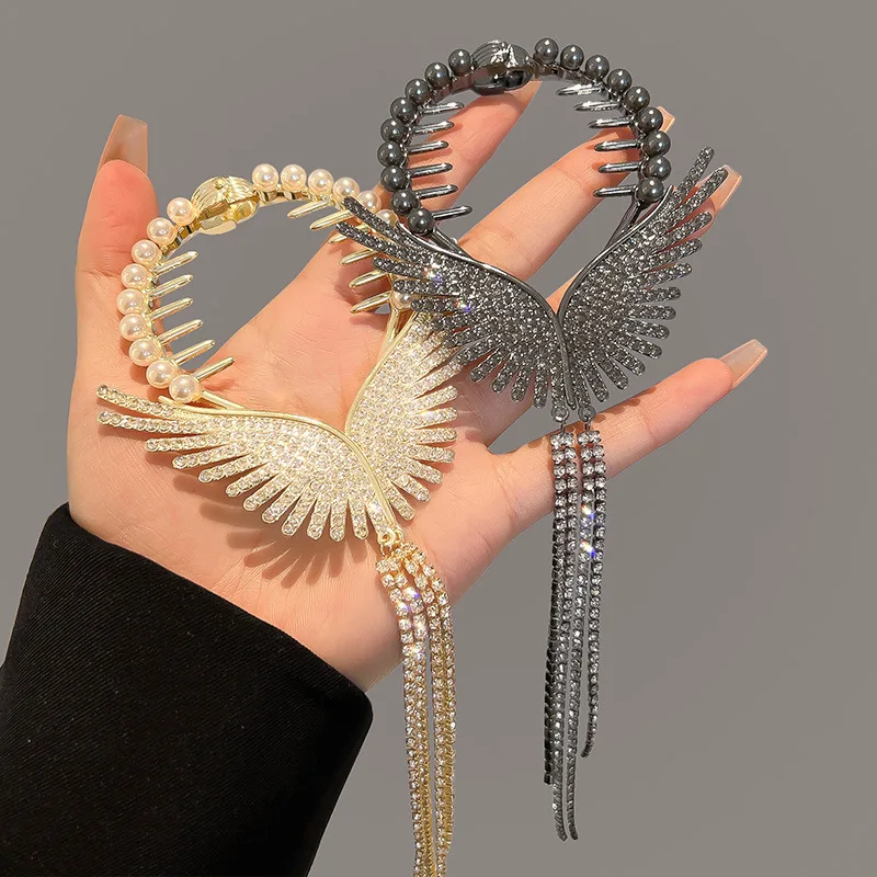 New Trendy Angel Wings Pearl Rhinestone Tassel Pill Head Ponytail Buckle Hair Clip Female Korean Hair Card Hair Accessories