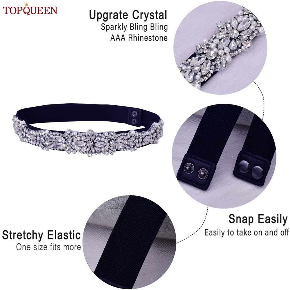 TOPQUEEN S442-B Fashion Dress Elastic Belt Women Rhinestone Pearl Rose Gold Luxury Party Sash Overcoat Western-style Accessories