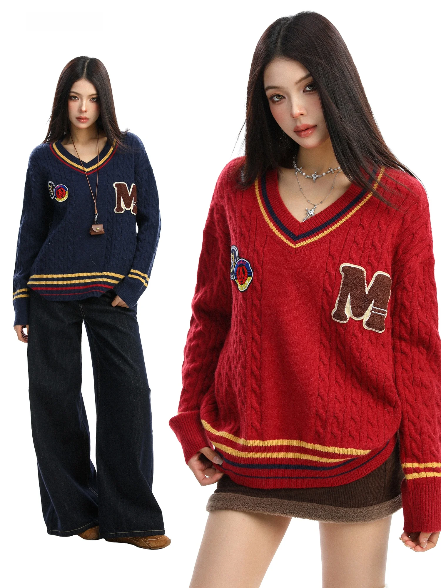 

Red V-Ne Knitted Sweater Women's Autumn Winter Loose Sle Tassel Flower Embroidery Cisas New Year Casual Top