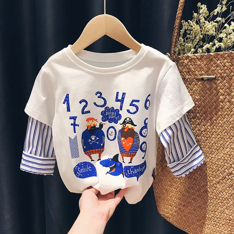 

Boys and Girls Long Sleeve T-shirt 2023 New Baby Autumn Clothing Fake Two-Piece Top Children's Bottoming Shirt