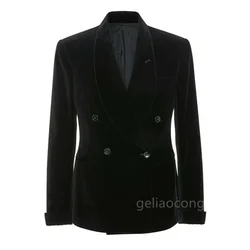 Fashion New Men's Casual Business Black Velvet Slim Fit Formal Dress Blazers Shawl Lapel Double Breasted Jacket Men Suit Coat