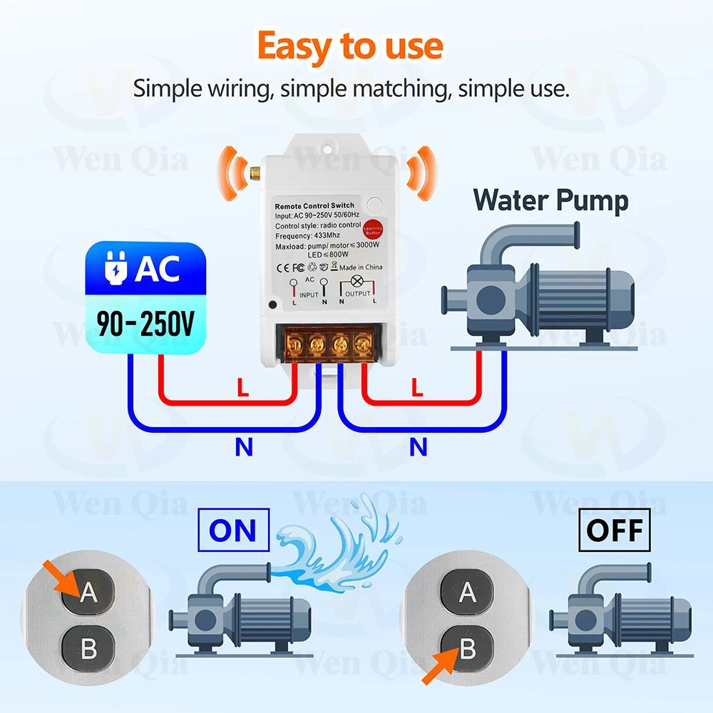 433Mhz Wireless Pump Remote Control Switch 110V 220V 30A RF Relay Module with External Antenna,1000m Transmitter,for Light/Motor