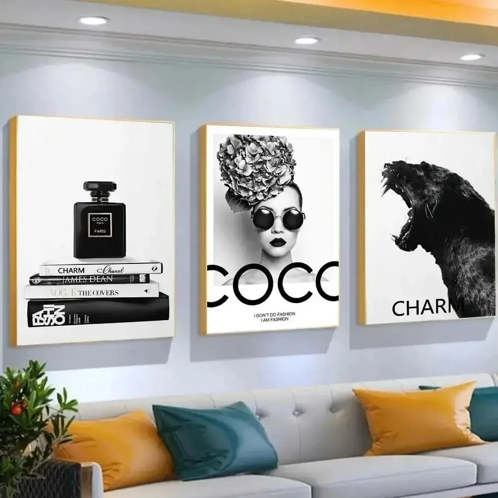 Botella de Perfume minimalista de lujo nórdico, impresiones artísticas Pop, póster de Coco de moda en negro y blanco, pintura decorativa de pared Giclee