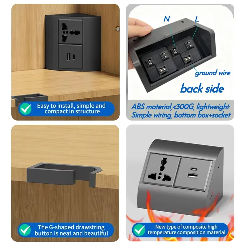 FUNAYA Bathroom Mirror Cabinet Corner Socket Plug Laboratory Universal EU UK AU USB Type-c Built-in Wardrobe Hidden Desk Sockets