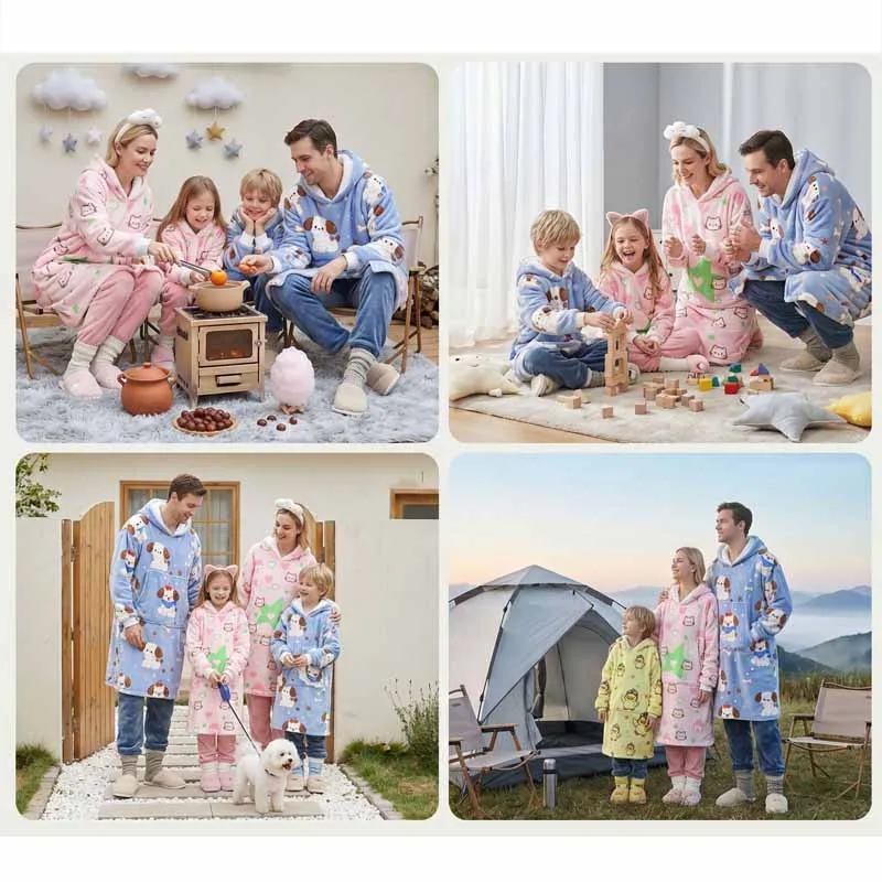 Kids Adults Family Hooded Robe Sleepwear Autumn Winter Flannel Fleece-Lined Warm Homewear Cartoon Print Thicken Home Clothes