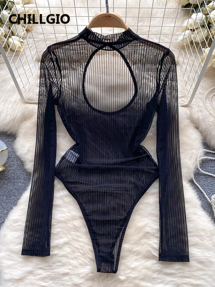 CHILLGIO Women Transparent Mesh Striped Bodysuits Fashion Elastic Catsuits Bodycon Combination Onesie Long Sleeves Sexy Rompers