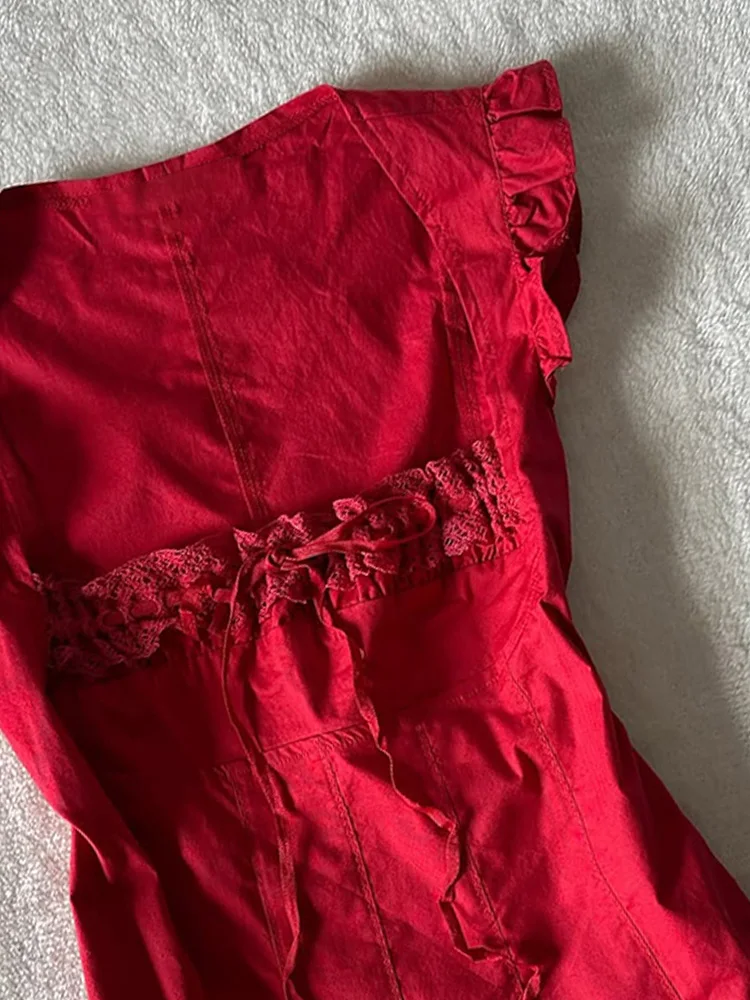 우아한 빈티지 레드 셔츠 여성용 아름다운 플라잉 슬리브 탑 편안한 면 혼방 레귤러 핏 버튼 디테일 캐주얼 셔츠