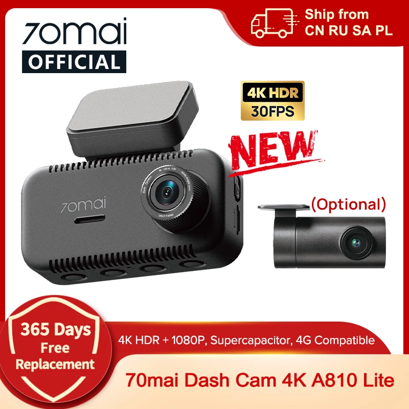70mai Dash Cam 4K A810 Lite 4K HDR F1.55 Built-in GPS Wi-Fi 6 Voice Control 4G LTE Remote Control Car Camera 70mai A810 Lite