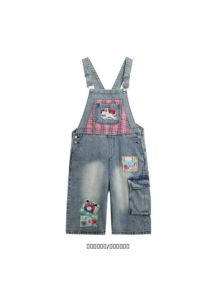 

FR from New American Sle Doggies Embroidered Patchwork Loose Straight Leg Denim Overalls orts High Waist Cotton Casu...