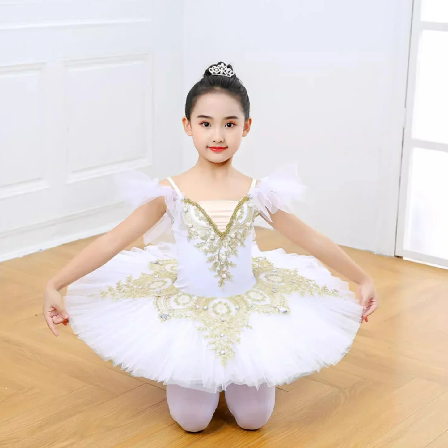 プロ仕様のバレエチュチュ、白鳥の湖をイメージした白いチュチュ、パンケーキ型のチュチュ、バレリーナのパーティー用ドレス、子供用、キッズ用、バレエダンス衣装。
