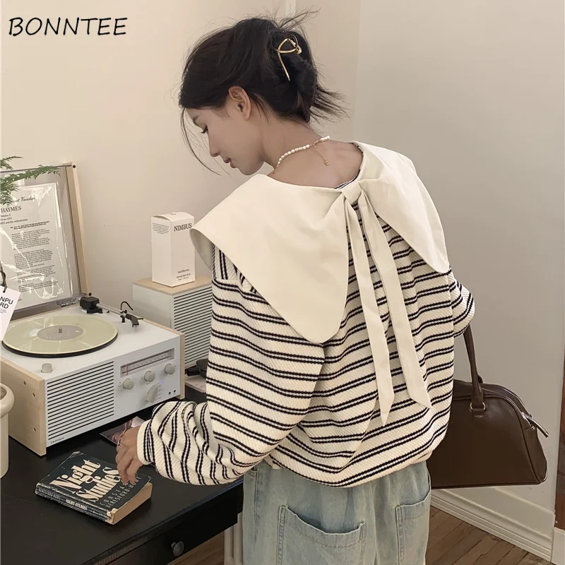 Sweatshirts Women Striped Peter Pan Collar Bow Loose Korean Style Students Leisure Spring Autumn All-match Chic Stylish 3XL BF